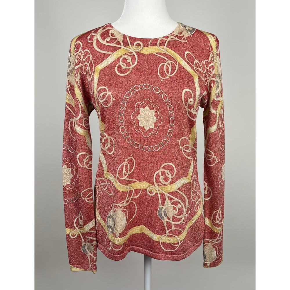 J. McLaughlin Red Gold Metallic Equestrian Print Top Size Medium